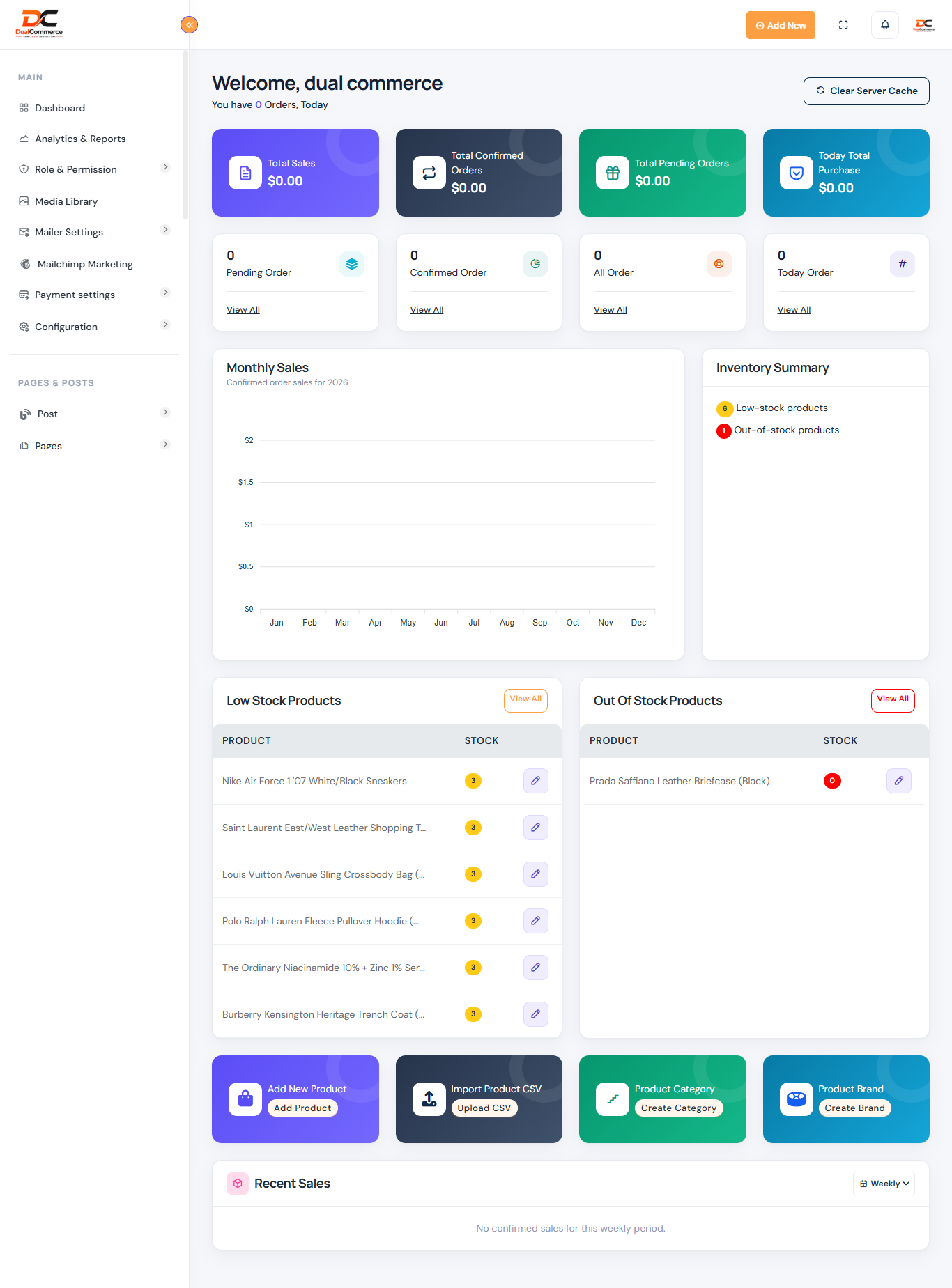 DualCommerce admin dashboard overview