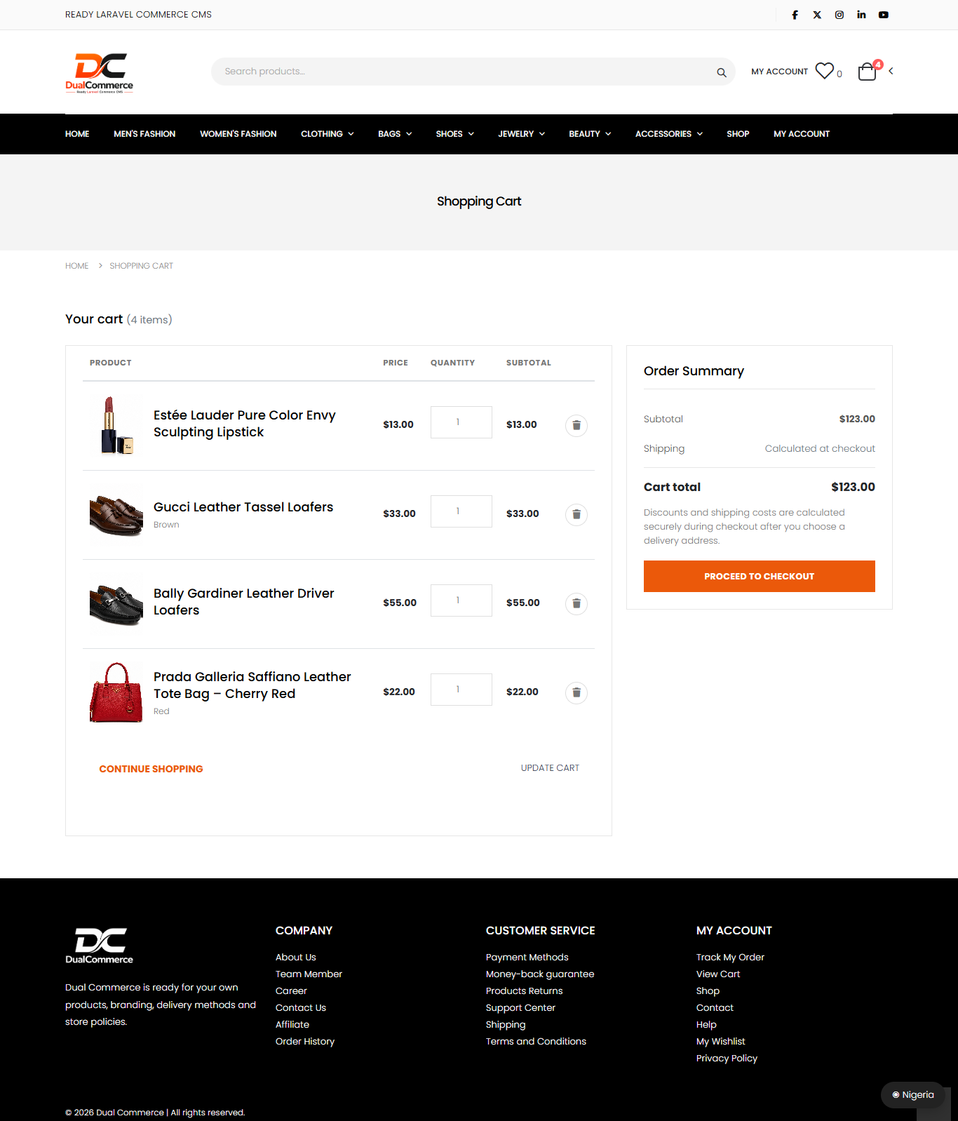 DualCommerce shopping cart screen