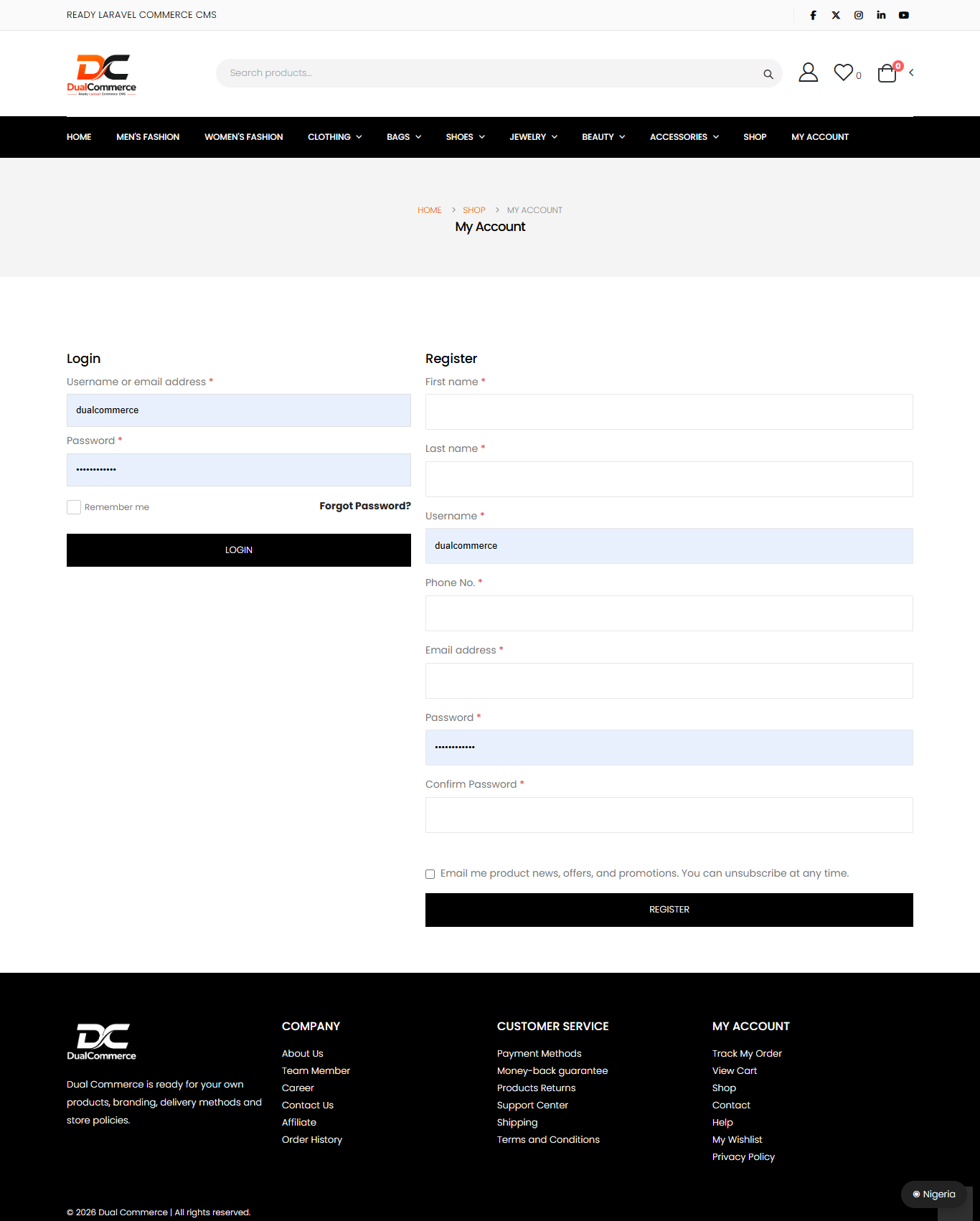 DualCommerce customer login and registration screen