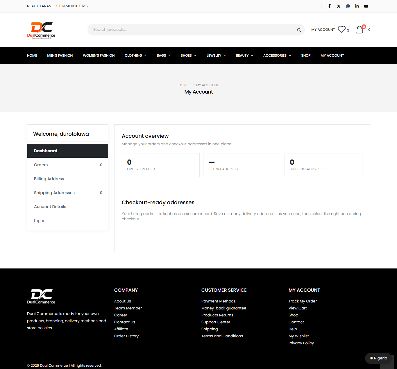 DualCommerce customer account dashboard