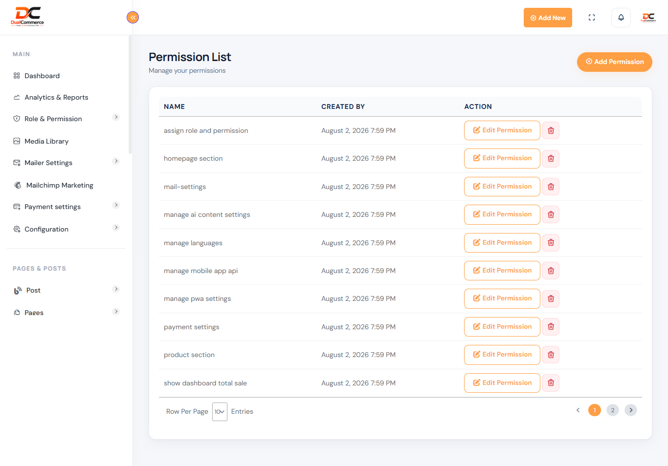 DualCommerce roles and permissions screen