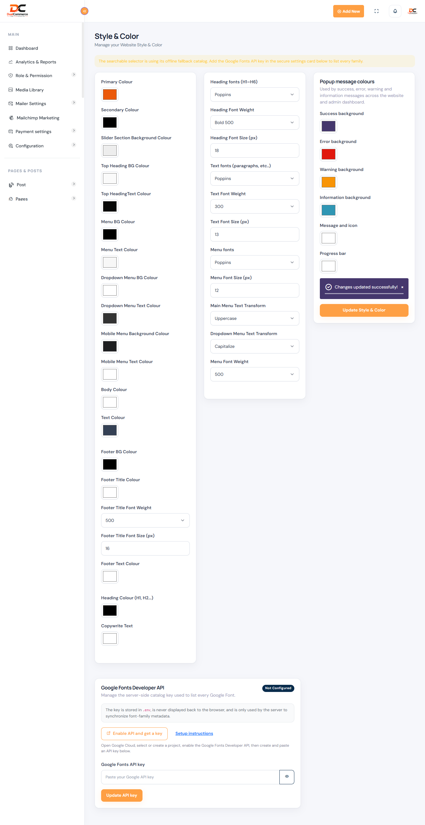 DualCommerce style and colour settings