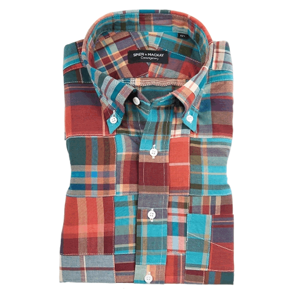 Spier & Mackay Teal Madras Patchwork - Short Sleeve